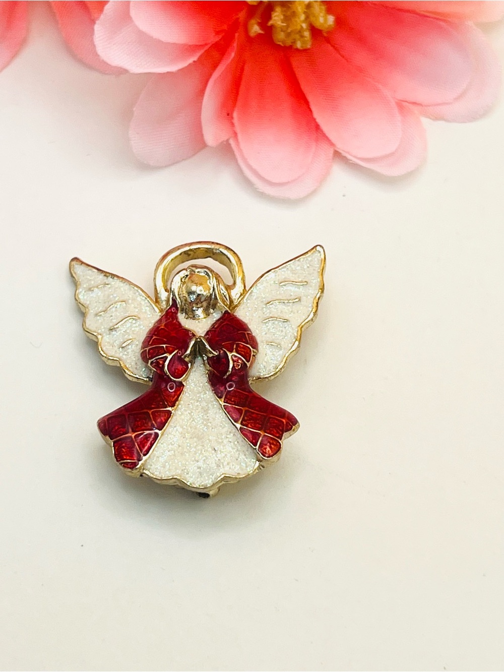 Gold-Tone Red and White Angel Pin Brooch